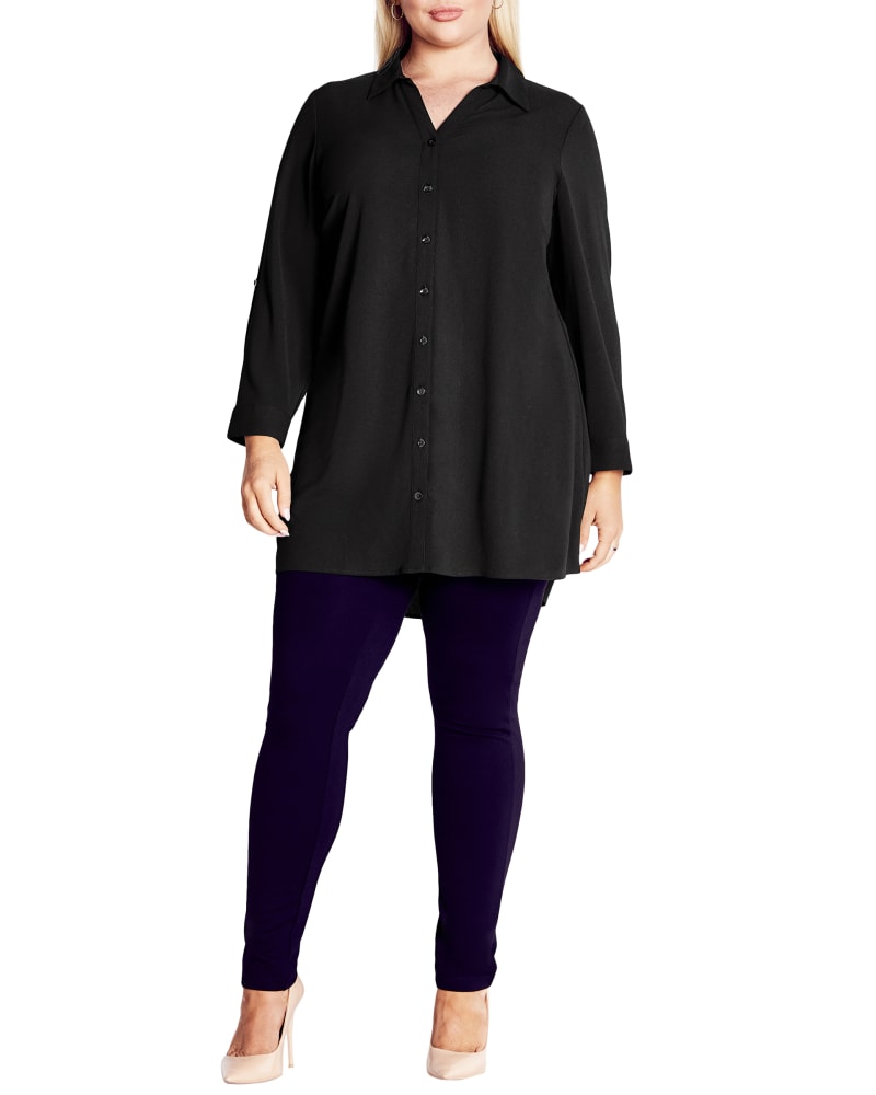Front of a model wearing a size 20 Aspen Shirt in Black by avenue. | dia_product_style_image_id:302807